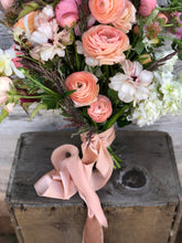 Load image into Gallery viewer, handmade and hand dyed wide silk ribbon by the yard tied around a flower bouquet